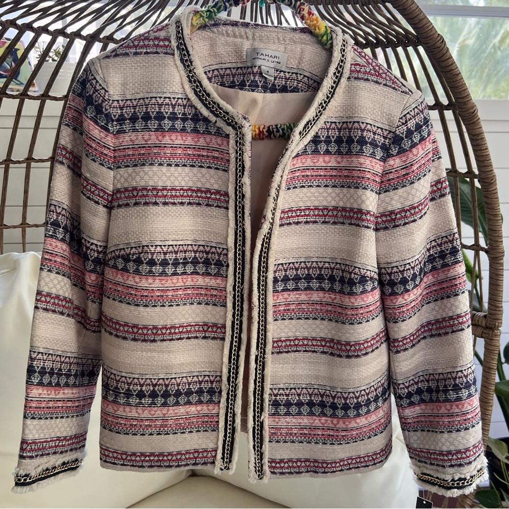 Tahari ASL Cream and Blue Patterned Blazer - Picture 3 of 12
